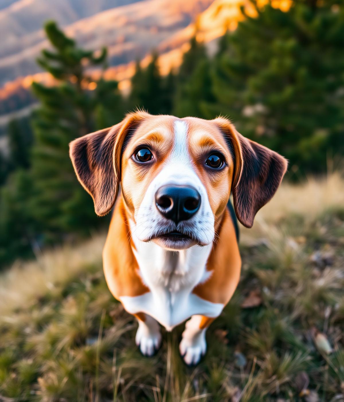 Beagle looking up on a grassy Montana hillside