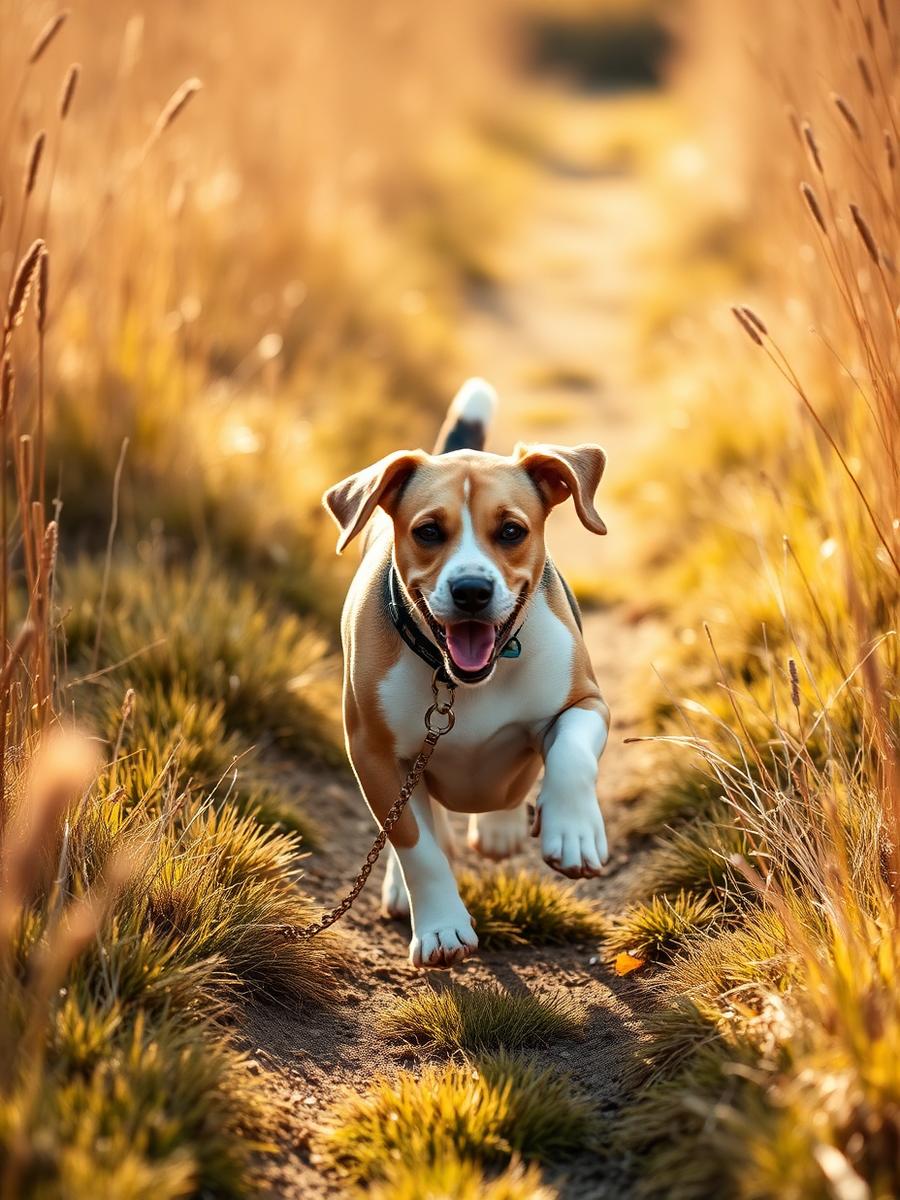 Beagle trotting along a golden grass trail