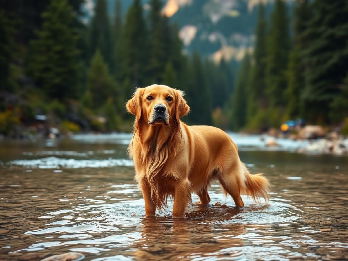 Golden retriever standing in a clear mountain river