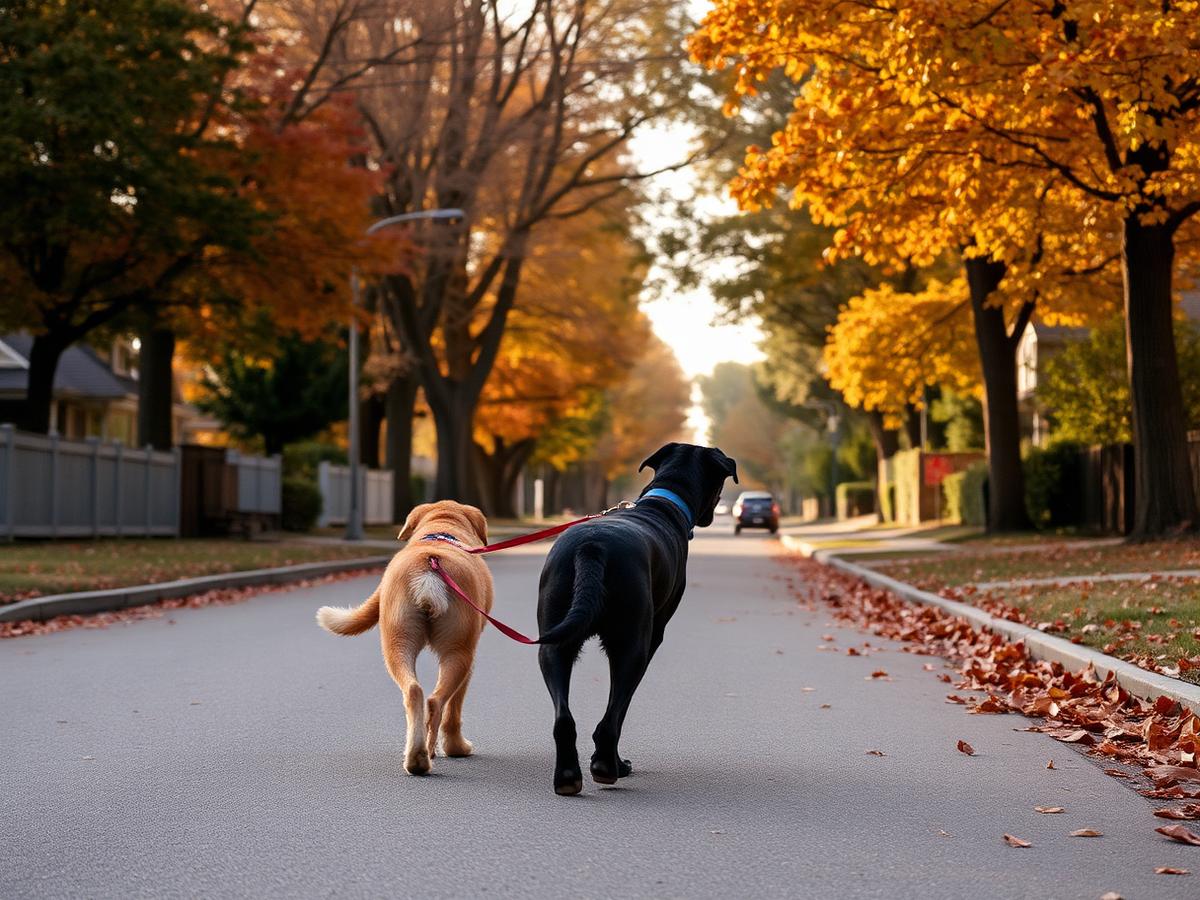 Two dogs on leash walking a tree-lined street