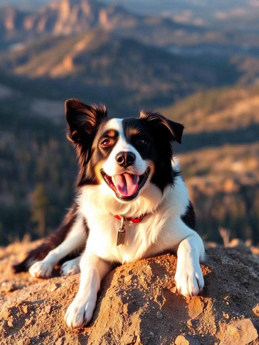 Happy dog resting at a mountain overlook