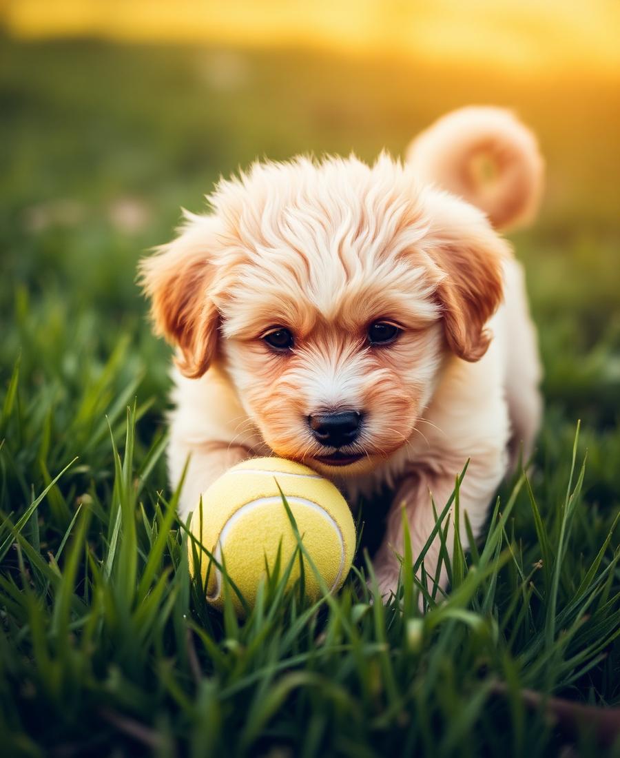 Puppy playing in the grass with a ball