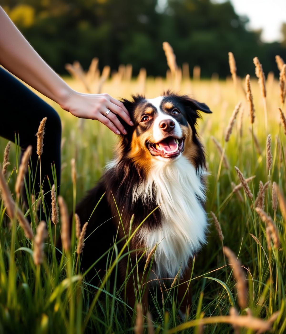An Australian Shepherd smiling while being petted in a summer meadow